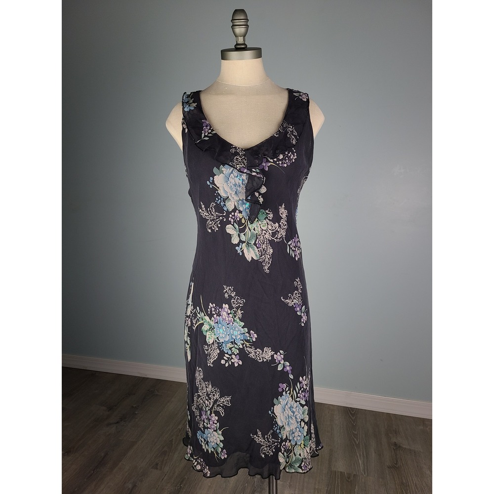 VTG Y2K Lapis M 100% Silk Midi Dress Beaded Fairycore Whimsical  It Girl Formal